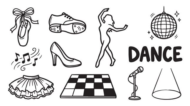 Dance performance elements like ballet shoes, tap shoes, and disco ball.