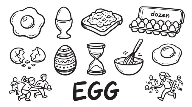 Egg themed hand drawn set with breakfast items easter egg hourglass and children racing game doodles.