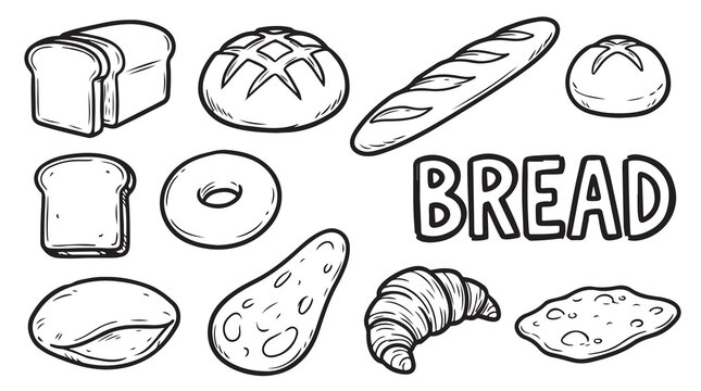 Variety of bread types including loaf baguette croissant roll and flatbread.