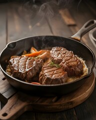 Fototapeta premium Slow-smoked-beef-brisket-with-deep-bark sizzles in a cast-iron skillet on a wooden board