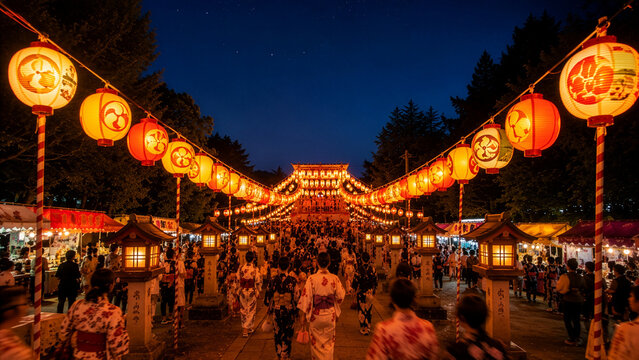 夏祭りの参道 提灯輝く神社の夜の賑わい