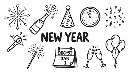 Fototapeta premium New Year celebration doodles with fireworks, champagne, party hat, clock, confetti, balloons, and calendar.