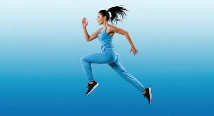 Fototapeta premium Athletic Young Woman Jumping Midair Against Blue Gradient Background