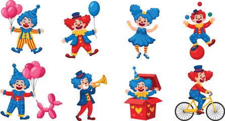 Fototapeta premium Set of Cute Circus Clown Characters Performing Fun Activities Including Juggling Riding a Bicycle and Holding Balloons for Children Birthday Party and Carnival Designs