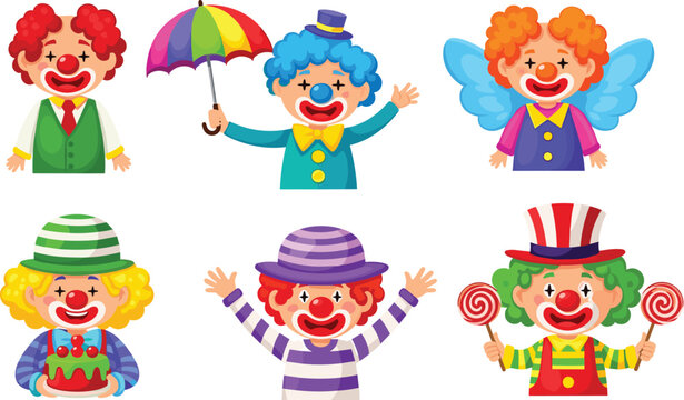 Set of Cute Circus Clown Characters with Colorful Wigs Props Cake and Lollipops for Children Birthday Party Invitations Carnival Events and Fun Fair Celebration Graphic Designs