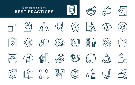 Best practices outline icons set. Expertise, methodology, safety, efficiency, optimization, standards, quality, workflow, benchmark and more. Line icon in linear style. Vector collection	