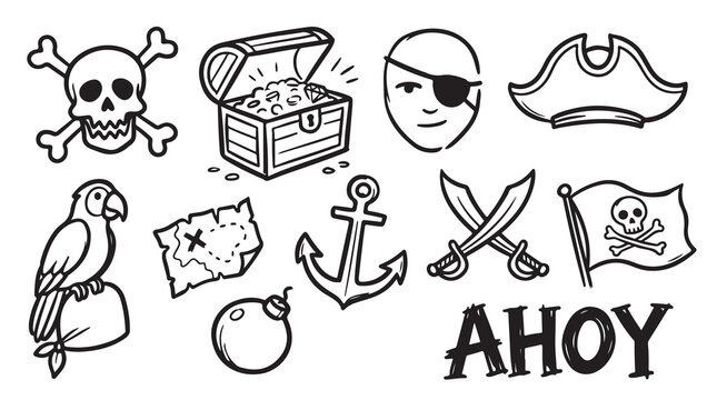 Pirate treasure map, skull and crossbones, pirate ship items for adventure.