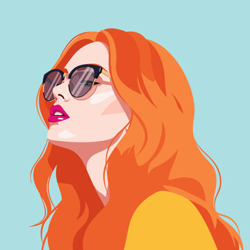 Vibrant woman with long orange hair and sunglasses makes a stylish vector illustration.