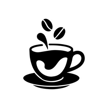 A simple black silhouette of a coffee cup with steam and beans on a saucer against a white background
