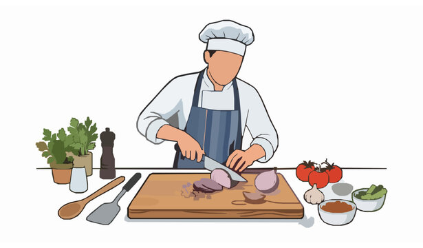 Chef cutting onion vector &ndash; kitchen cooking utensils and ingredients illustration