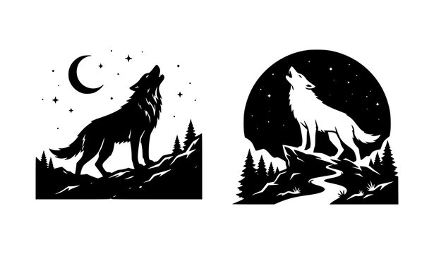 Wolf howling silhouette vector &ndash; black and white moon and hill design