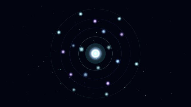 Abstract solar system animation with glowing planets orbiting a central star on circular paths, futuristic celestial map of a galaxy with shimmering stars and orbital rings. Minimalist space