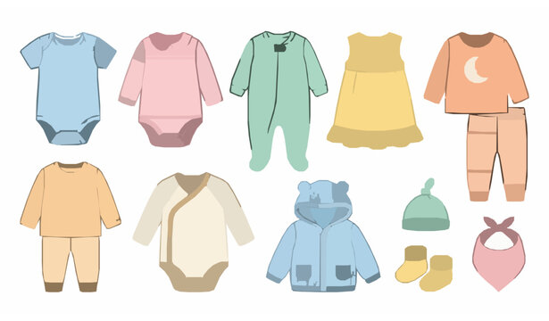 Baby clothes vector set &ndash; colorful onesies, rompers and dresses illustration