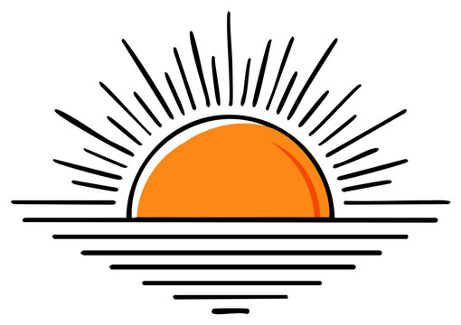 Orange sunrise over the water with hand-drawn lines.
