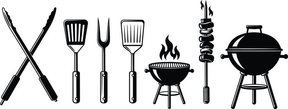 Silhouette of bbq grill and utensils for outdoor cooking