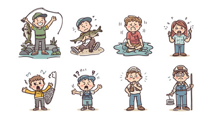 Fototapeta premium Fisherman's Chronicles: A lighthearted collection of fisherman illustrations depicting a spectrum of emotions associated with angling, from jubilation to frustration.