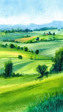 A vibrant watercolor painting of rolling green hills under a blue sky, dotted with trees and distant mountains.