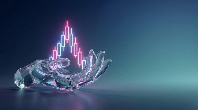 Crystal hands holding glowing stock market candlestick chart with pink and blue lights.