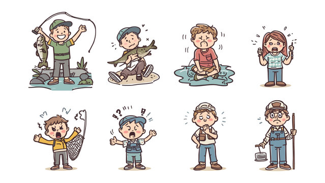 Fisherman's Chronicles: A lighthearted collection of fisherman illustrations depicting a spectrum of emotions associated with angling, from jubilation to frustration.