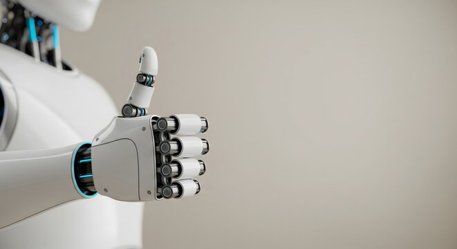 A white humanoid robot hand giving a thumbs up gesture against a neutral background