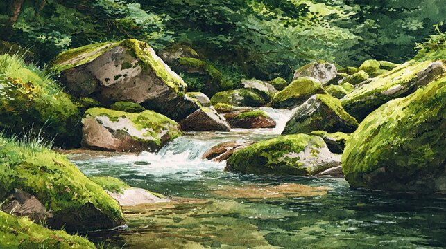 A clear stream flows over moss-covered rocks in a lush forest, creating a peaceful and natural woodland scene.