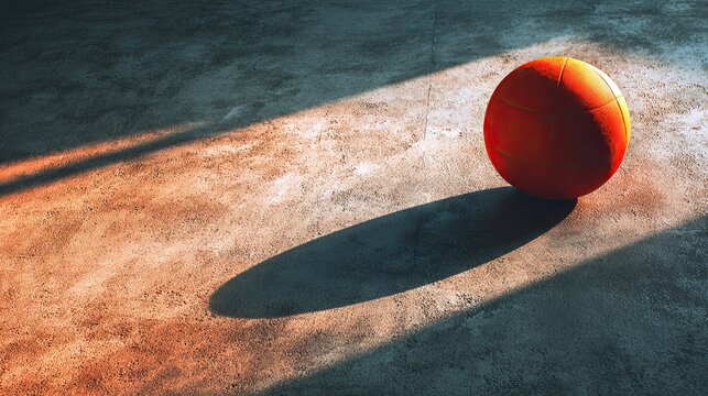 An orange basketball casts a long shadow on a textured concrete surface under angled sunlight.