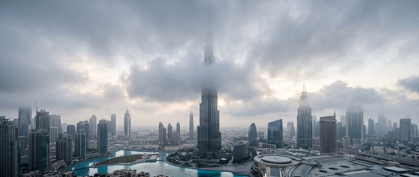 Burj Khalifa and Dubai Skyline Partially Shrouded in Thick Clouds and Fog at Dawn