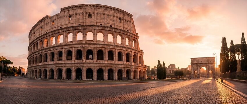 Colosseum and Arch of Constantine at Sunrise, Rome, Italy