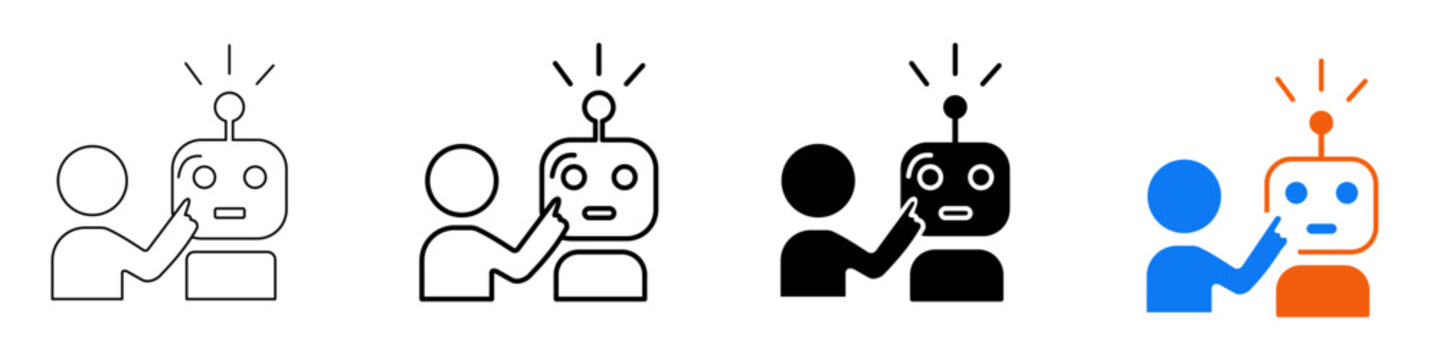Four icons depict interactions between a human figure and a robot. Each icon shows a person pointing, editable stoke, outline, solid corlored