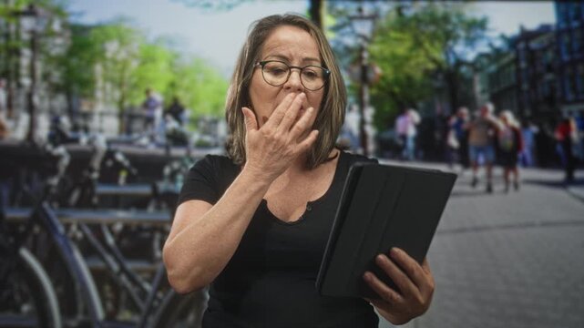 Hispanic senior woman covering mouth with hand while holding a tablet on a busy city street, wearing glasses and reading; surprise concern.
