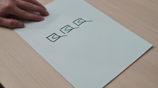 Person draws squares on paper and later colors them with green. This process shows creativity and artistic skills applicable for educational and instructional content
