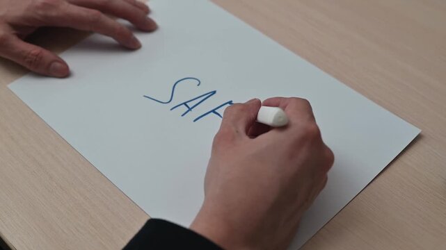 A hand writes the word safe on a piece of paper, followed by creating a shield shape around the word