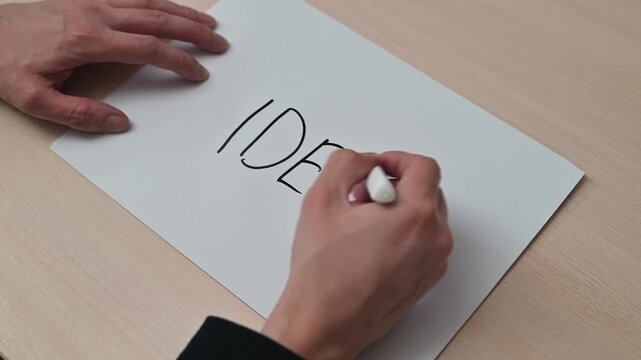 A hand is writing the word Idea on a blank sheet of paper. The process includes adding a light bulb drawing to represent creativity, perfect for educational and creative projects