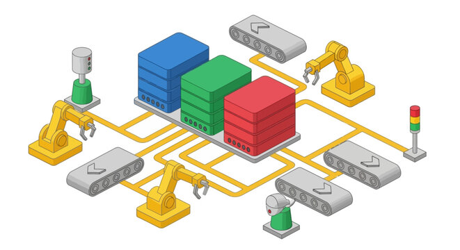 Industrial robots working on production line with conveyor belts and colorful boxes.