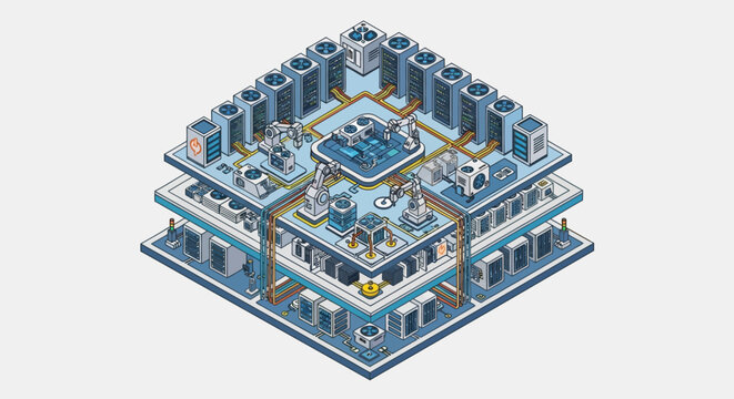 Isometric illustration of a modern industrial facility with multiple layers and machinery.