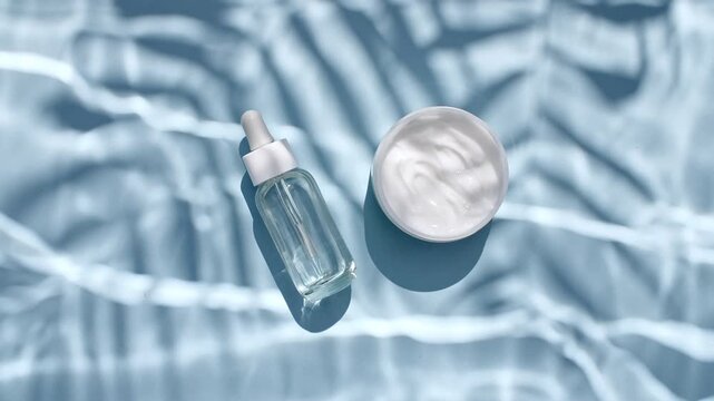 Bottle with for serum, oil, emulsion and reflections sunlight in slow motion. Drop shadow effect with wave refraction of light. Sun and shadows. Layout for advertising goods, cosmetic products. 4k