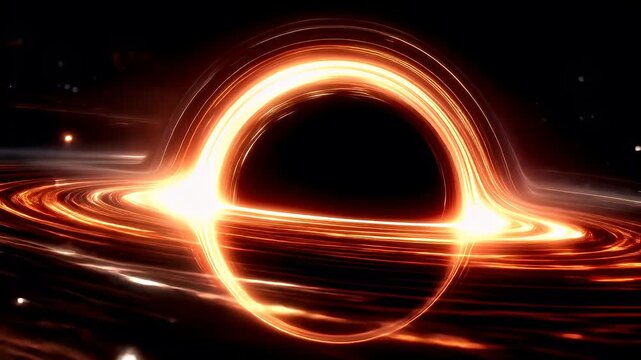 Black hole, fantasy, mysterious. A digital artwork depicts a swirling vortex of light and shadow against a dark, starry background. The vortex is a mesmerizing blend of bright orange and yellow hues.