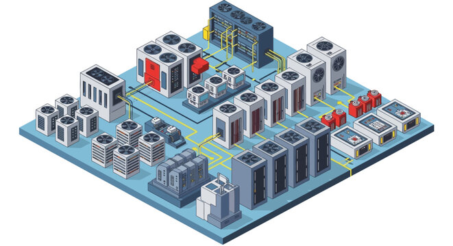 Isometric illustration of a computer motherboard with various components.