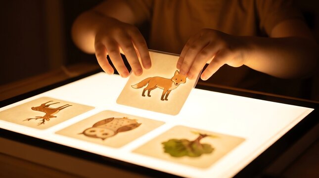 Child Hands Placing Glowing Translucent Animal Flashcard on Bright Light Box in Dark Room During Magical Discovery Learning