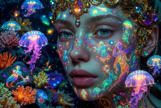 Regina degli abissi: ritratto fantasy di donna con meduse bioluminescenti e corona d'oro