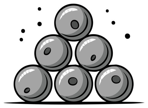 Stacked spherical weights forming a pyramid shape with small floating spheres around them