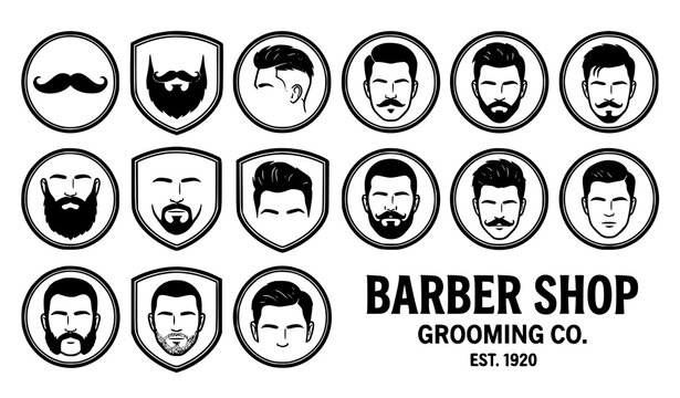 Barber shop icons and vintage grooming logo design elements collection