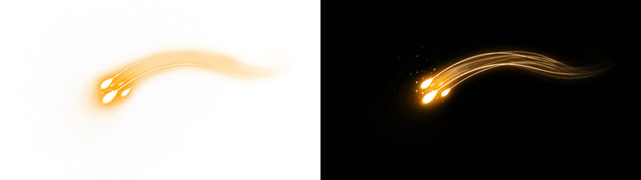 Transparent background with golden meteor fireballs and glowing light trails. This dynamic shooting star effect is perfect for sci-fi and cosmic space designs.
