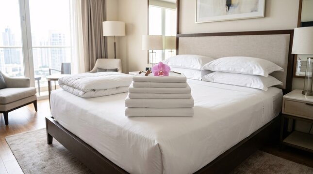 Impeccably ironed pristine white Egyptian cotton bed sheets neatly stacked on a luxury king-sized mattress, topped with a delicate orchid.