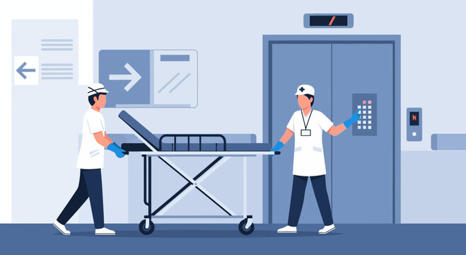 Medical staff transport patient stretcher to elevator in hospital corridor