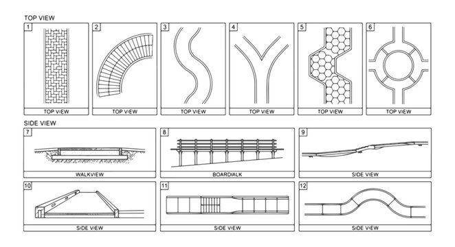 Walkway Elements Technical Drawings and CAD Blocks Set featuring Top and Side Views of Paths, Boardwalks, Pavements, and Ramps