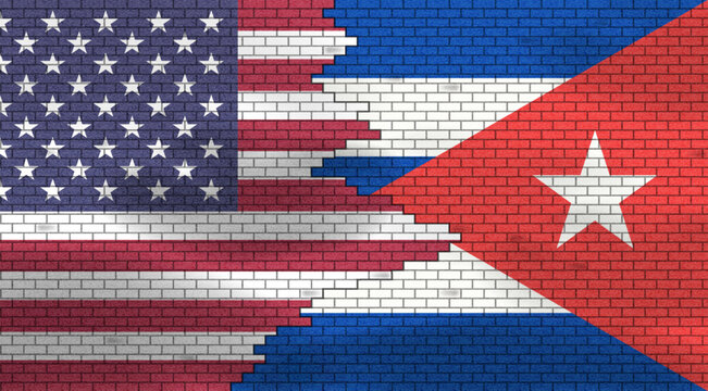 Vector brick wall with national flags of United States of America and Republic of Cuba. Relations and negotiations between two countries. Crisis