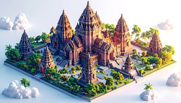 Pixel art ancient temple complex surrounded by lush greenery and soft clouds, isometric view, digital architecture, historic site replica