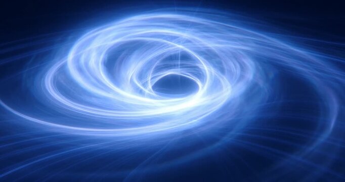 Swirling blue vortex with glowing light effect and abstract energy spiral dark space featuring dynamic motion flow, smooth flowing lines, circular pattern, neon glow, futuristic design, and digital