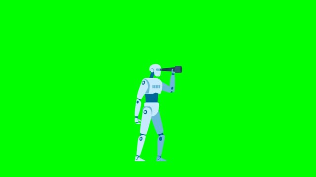 Data analyzing, technology. AI forecasting. Ai or artificial intelligence with ai robot looking through telescope into future. Innovation, automation. Side view. 2d flat animation. Alpha channel